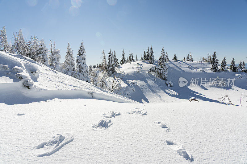 冰封的脚印在冬季景观的Velika Planina，牧场高原，在深深的雪地上的脚印对蓝色的天空